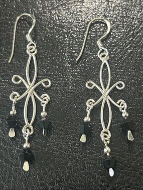 .925 Sterling Silver Filigree Dangle Earrings with Black Beads - Women Jewelry